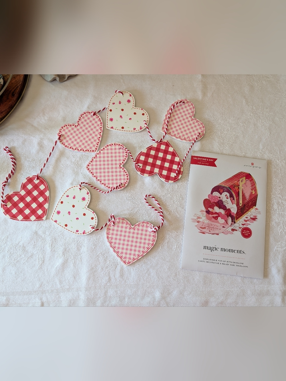Pink & Red Valentine’s Day Pop-Up Mailbox Card & Wood Heart Garland
